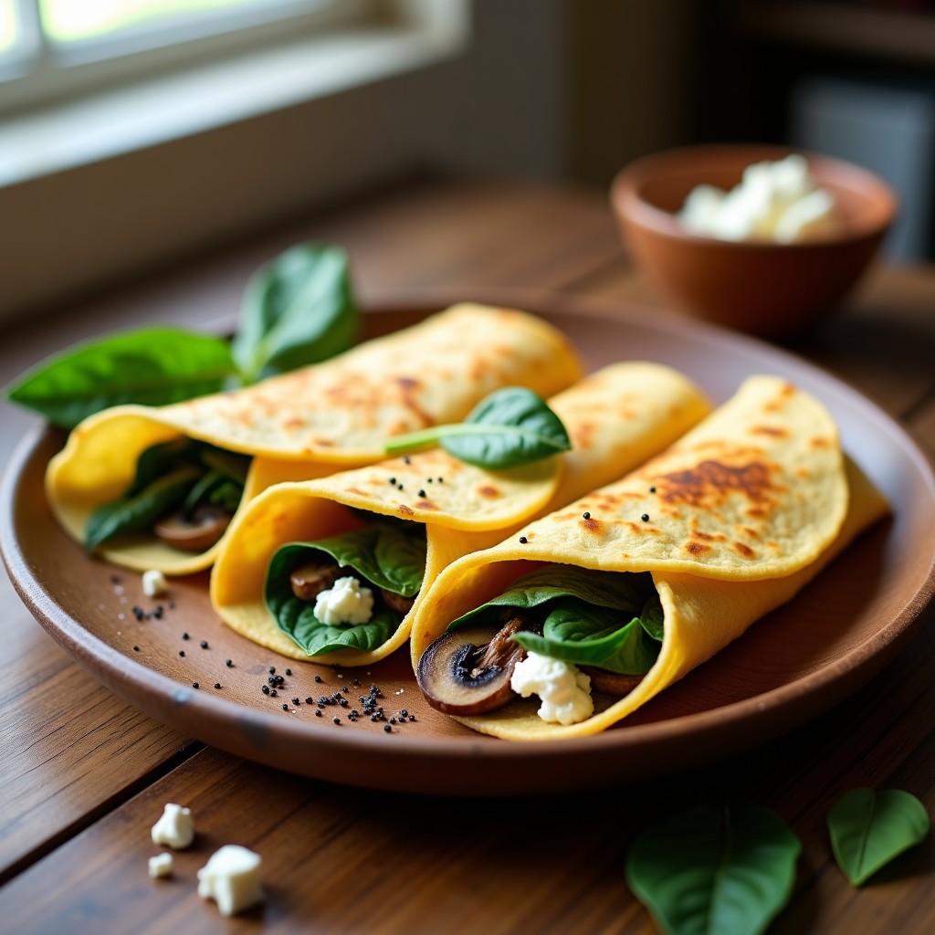 Crepes salados dorados y crujientes rellenos de espinacas frescas, hongos portobello y queso feta, preparados en airfryer sin aceite.