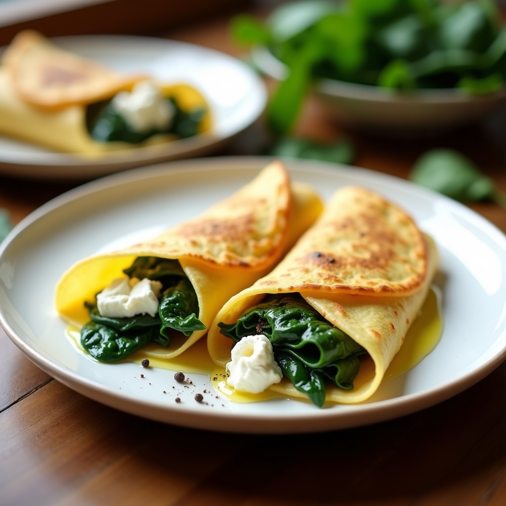 Plato blanco con dos crepes salados dorados rellenos de espinacas y queso de cabra, decorados con pimienta negra y aceite de oliva virgen extra, receta sin gluten.