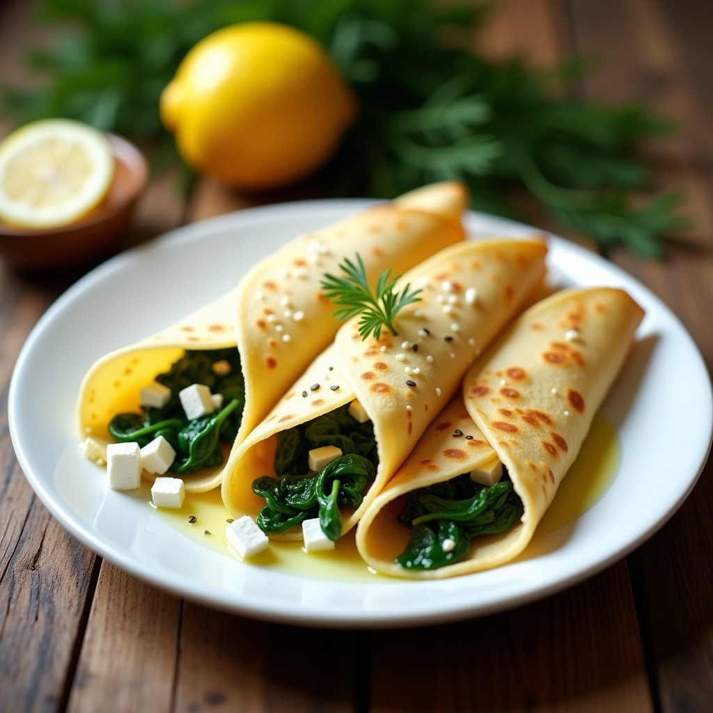 Plato blanco con crepes salados dorados rellenos de espinacas frescas y queso feta desmenuzado, decorados con semillas de sésamo y un chorrito de aceite de oliva.