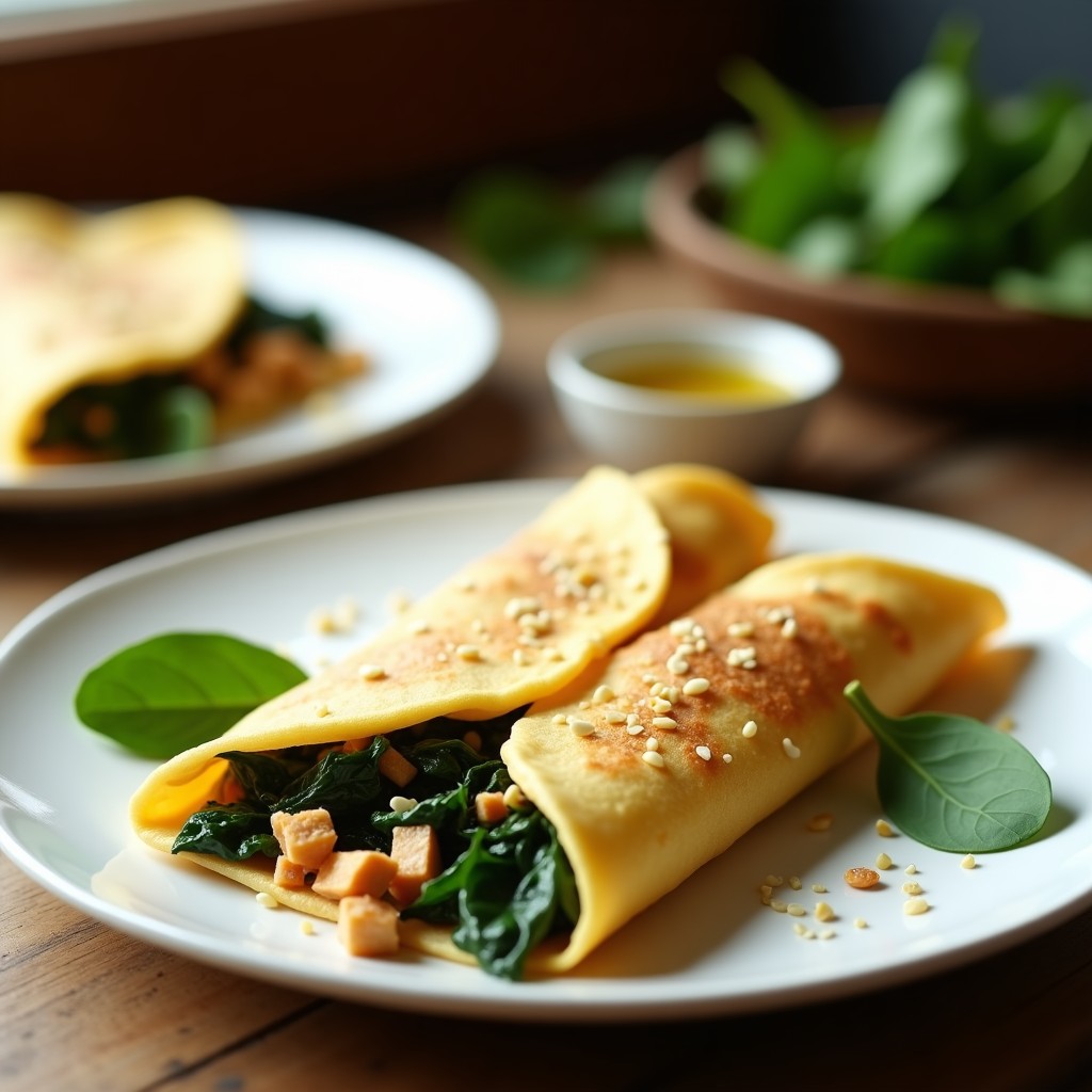 Plato blanco con crepes salados dorados rellenos de espinacas y tofu ahumado desmenuzado, decorados con levadura nutricional y semillas de sésamo.