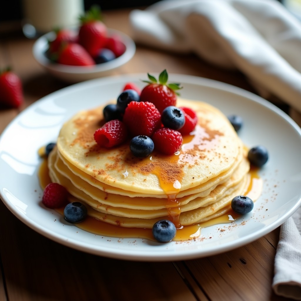 Pila de crepes dorados de salvado de avena y proteína servidos en plato blanco, acompañados de frutos rojos y un chorrito de sirope sin azúcar. Receta fit y alta en proteína.