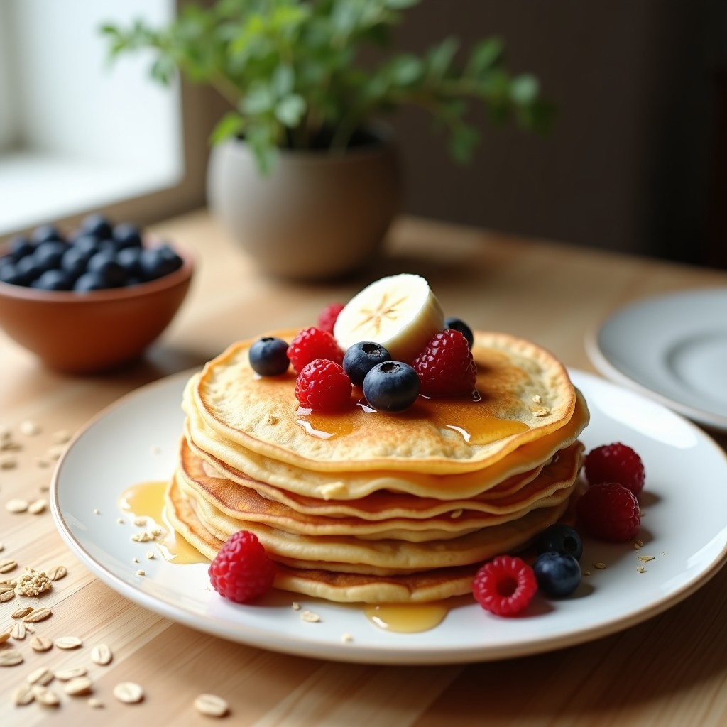 Pila de crepes doradas de salvado de avena sin gluten, servidas en un plato blanco con frutas frescas y un chorrito de miel, receta alta en fibra.