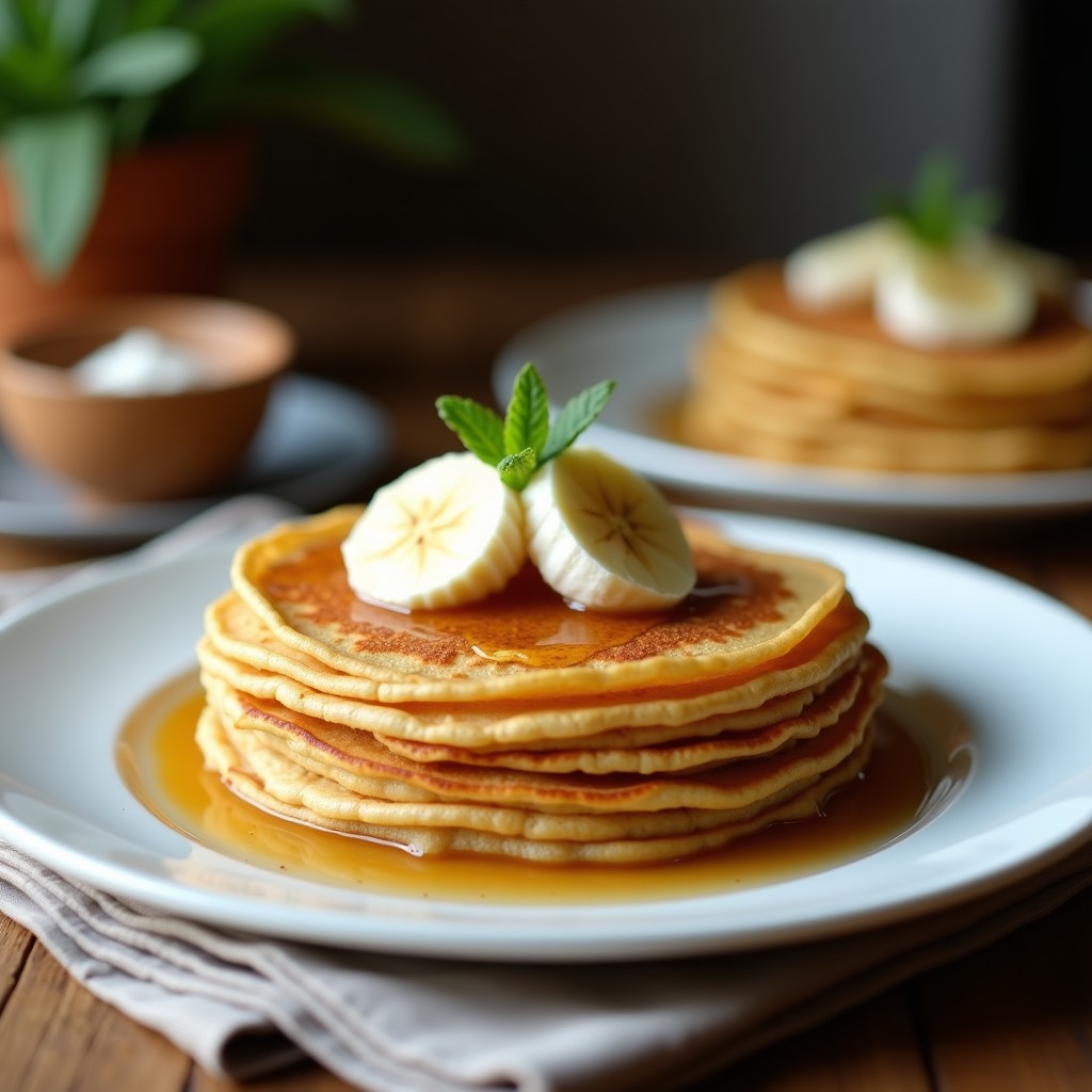 Pila de crepes dorados de salvado de avena sin huevo, apilados con rodajas de plátano y un hilo de sirope de arce, servidos en plato blanco sobre fondo rústico.