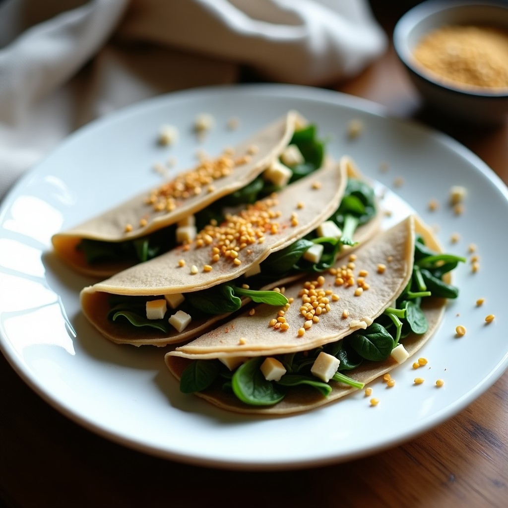 Plato blanco con crepes de trigo sarraceno dorados rellenos de espinacas y tofu desmenuzado, decorados con semillas de sésamo y un toque de pimentón ahumado.