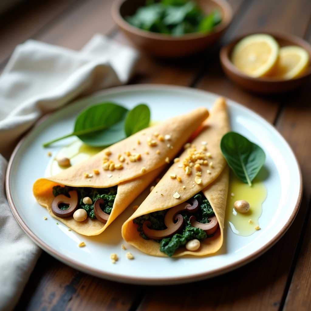 Plato blanco con crepes de sarraceno dorados rellenos de espinacas y hongos shiitake salteados, espolvoreados con anacardos tostados y decorados con hojas de espinaca fresca.