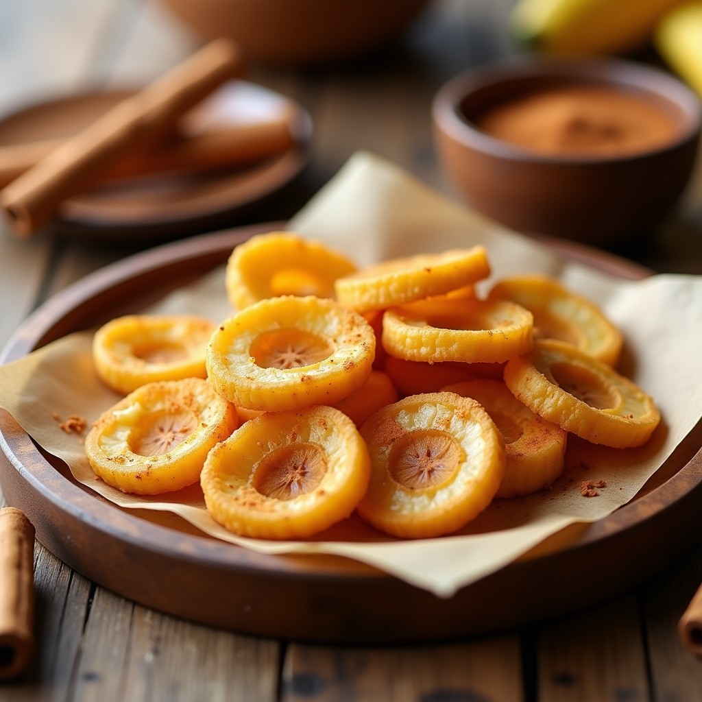 Bandeja de madera con crocantes dorados de piel de plátano con canela, dispuestos en forma de abanico sobre papel de hornear, receta sin azúcar y sin desperdicio.