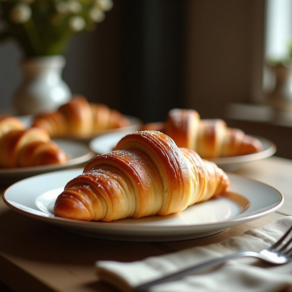 Croissants veganos de hojaldre de aceite de coco dorados y esponjosos, con capas visibles, dispuestos en una bandeja de madera rústica con un mantel de lino. Receta francesa sin lácteos ni huevos.