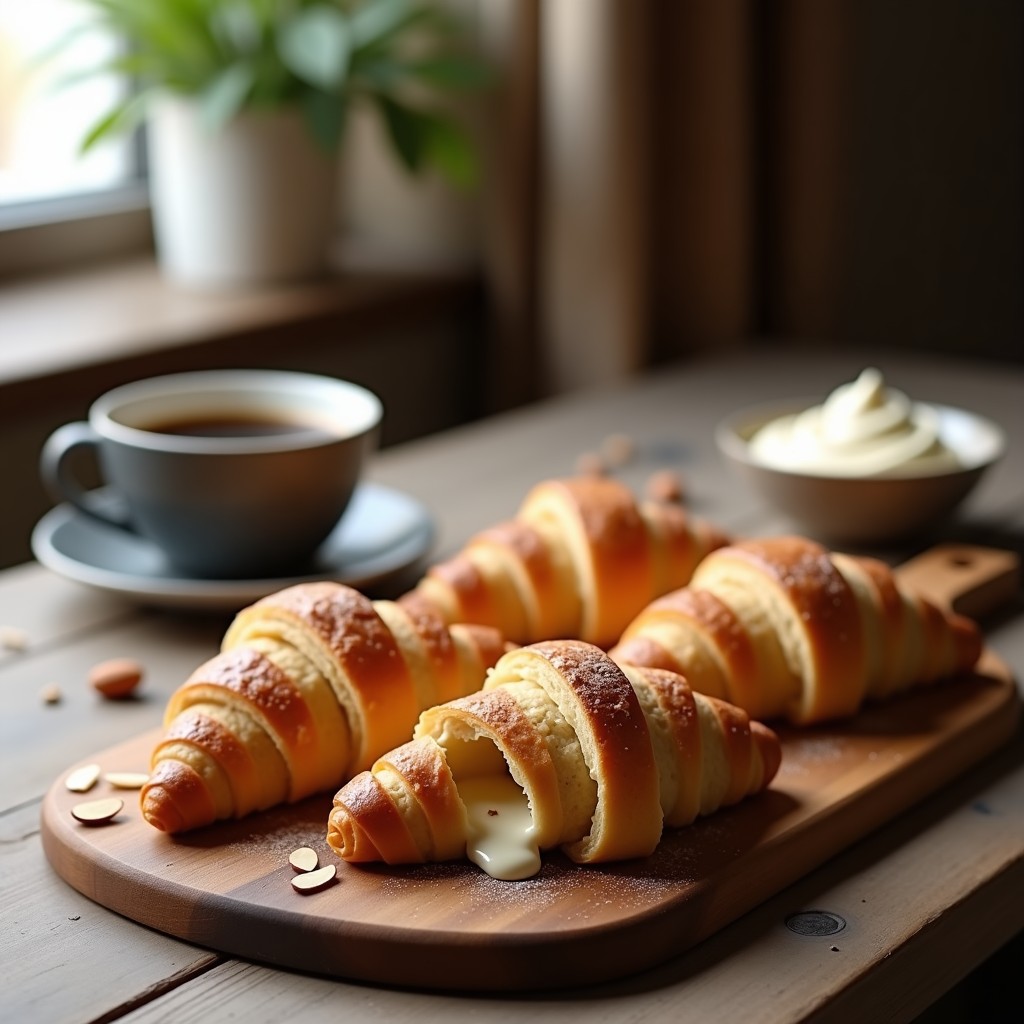 Croissants dorados y hojaldrados de masa de almendra sobre una bandeja de madera, rellenos de crema de avellana espesa. Fondos borrosos de una cocina rústica con ingredientes keto como harina de almendra y avellanas tostadas.