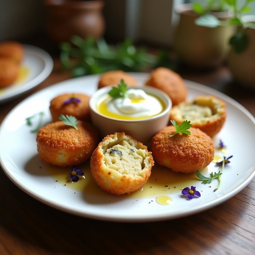 Croquetas doradas y crujientes de alcachofa y queso de cabra ahumado servidas en plato blanco, con semillas de sésamo negro y perejil fresco, receta en Airfryer sin miga de pan.