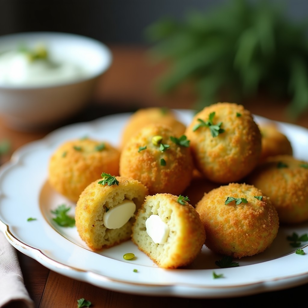 Croquetas doradas y crujientes de alcachofa y queso de castañas con panko de pistacho, servidas en un plato blanco rústico con salsa de yogur de soja y eneldo. Receta vegana crujiente y gourmet.