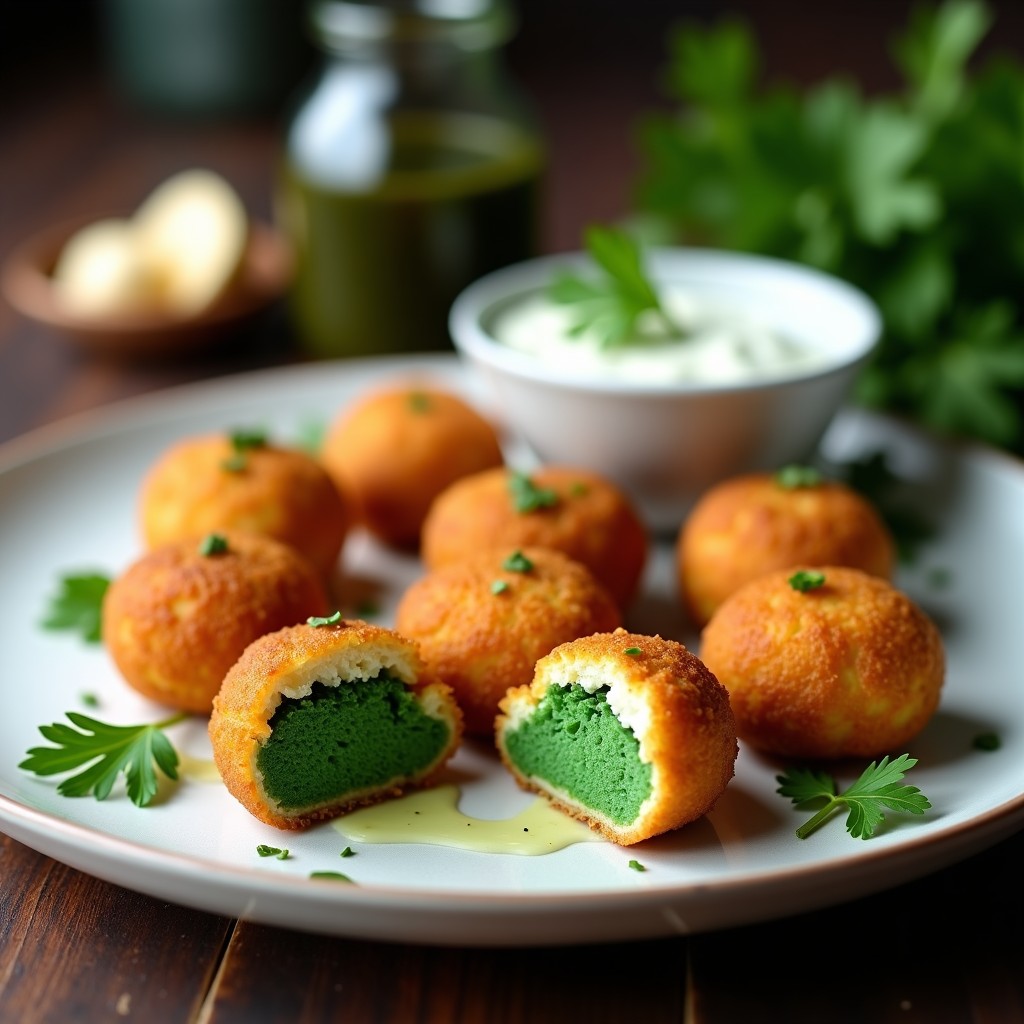 Croquetas de algas espirulina y queso manchego vegano doradas y crujientes, con un intenso color verde esmeralda por la espirulina, servidas en un plato blanco rústico con hierbas frescas y salsa de yogur de soja al lado. Aperitivo vegano con superalimentos.