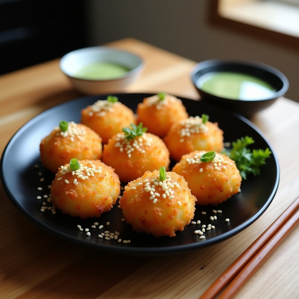 Croquetas doradas y crujientes de algas nori y patata servidas en un plato blanco con salsa wasabi verde claro, decoradas con semillas de sésamo negro y tiras de alga nori, receta japonesa en airfryer.
