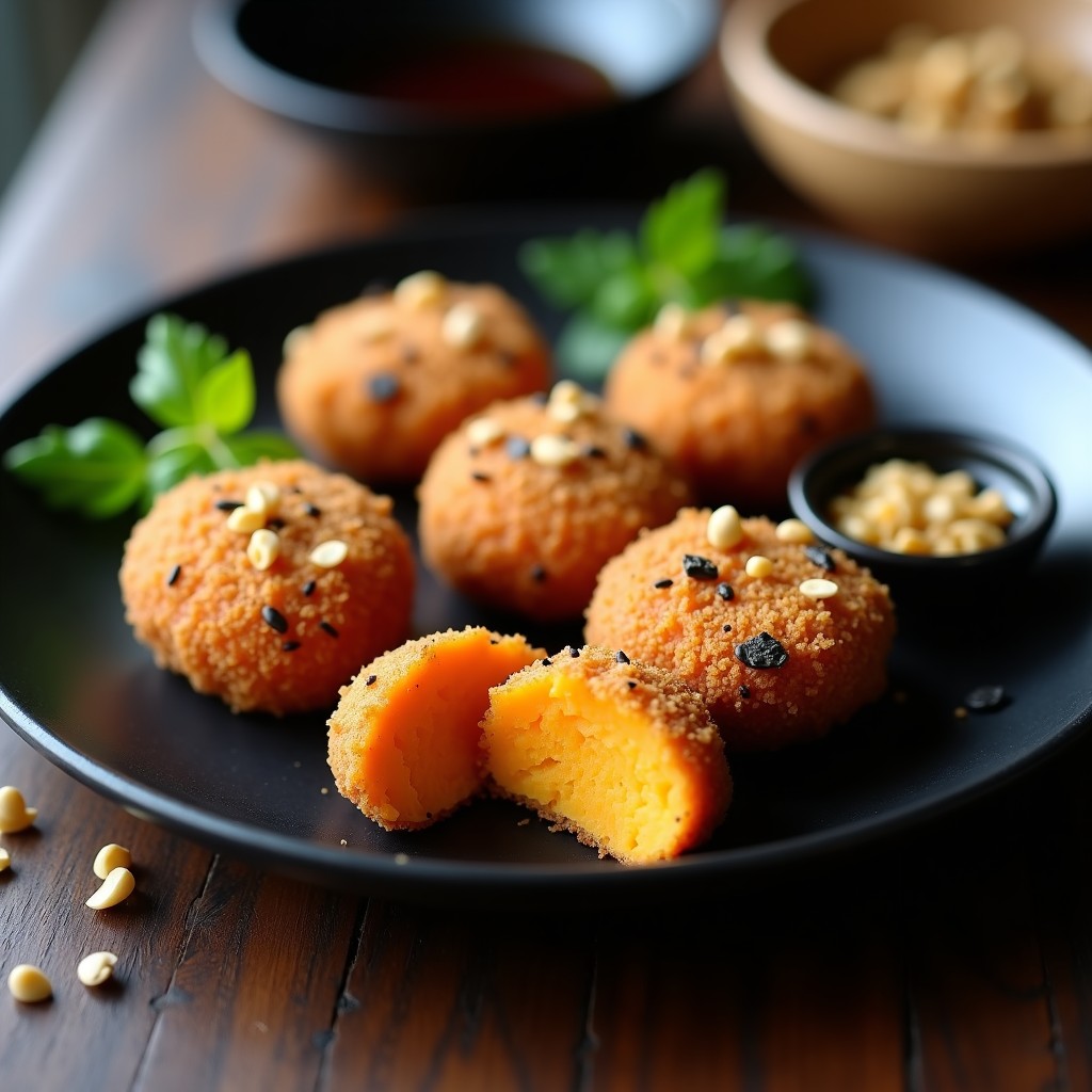 Croquetas doradas de algas nori y puré de patata dulce en airfryer, servidas en plato negro con semillas de sésamo y salsa de soja, aperitivo japonés vegano crujiente.