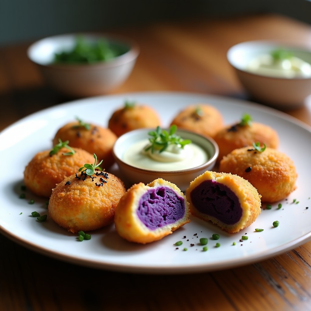 Croquetas doradas y crujientes de algas y patata morada en airfryer, con bechamel de avena, servidas en un plato blanco con semillas de sésamo negro y un toque de pimentón ahumado.
