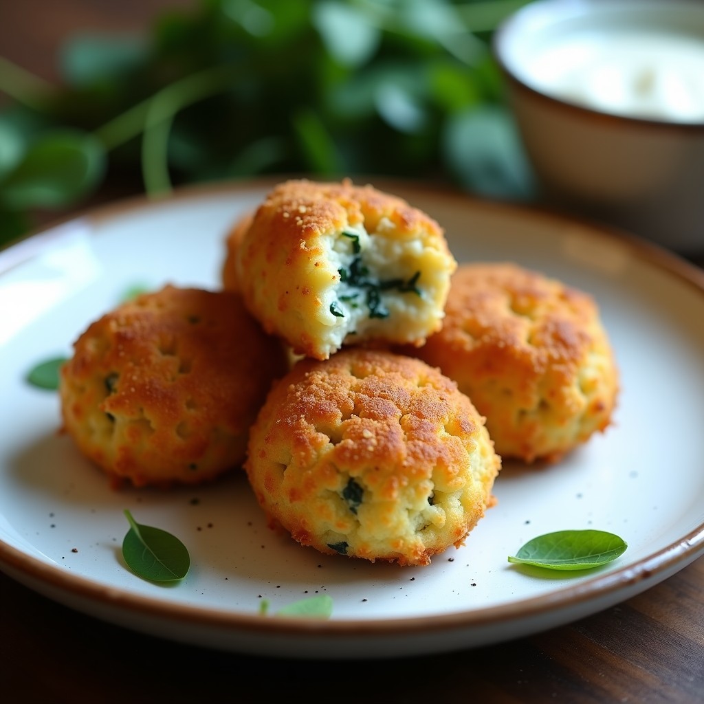 Croquetas doradas y crujientes de algueró y queso azul vegano servidas en un plato blanco rústico, con un fondo de madera oscura y hierbas frescas. Receta española en airfryer sin lactosa.