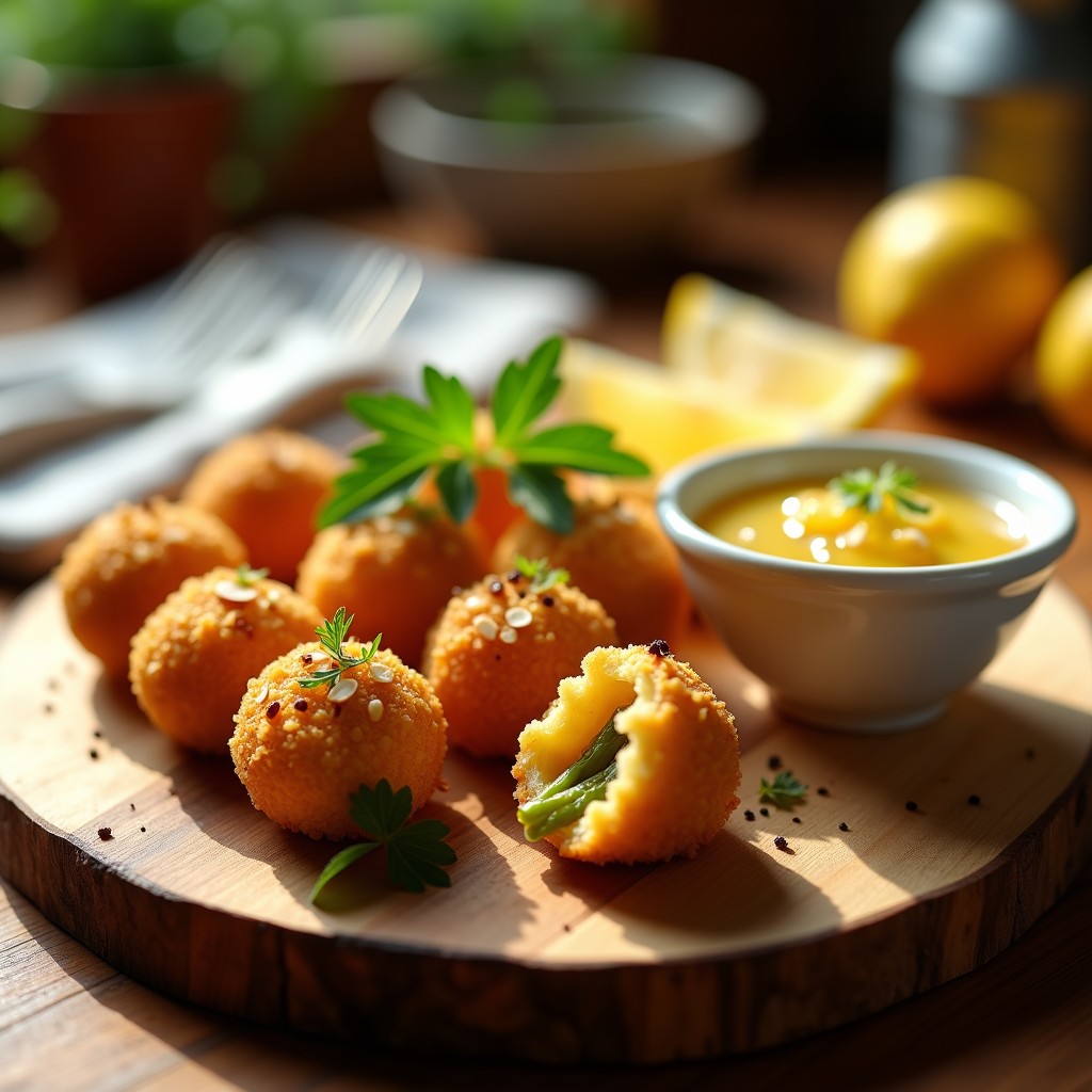 Croquetas doradas de almendra y espárragos con salsa de limón confitado en plato blanco, decoradas con puntas de espárrago y perejil fresco. Aperitivo keto elegante.