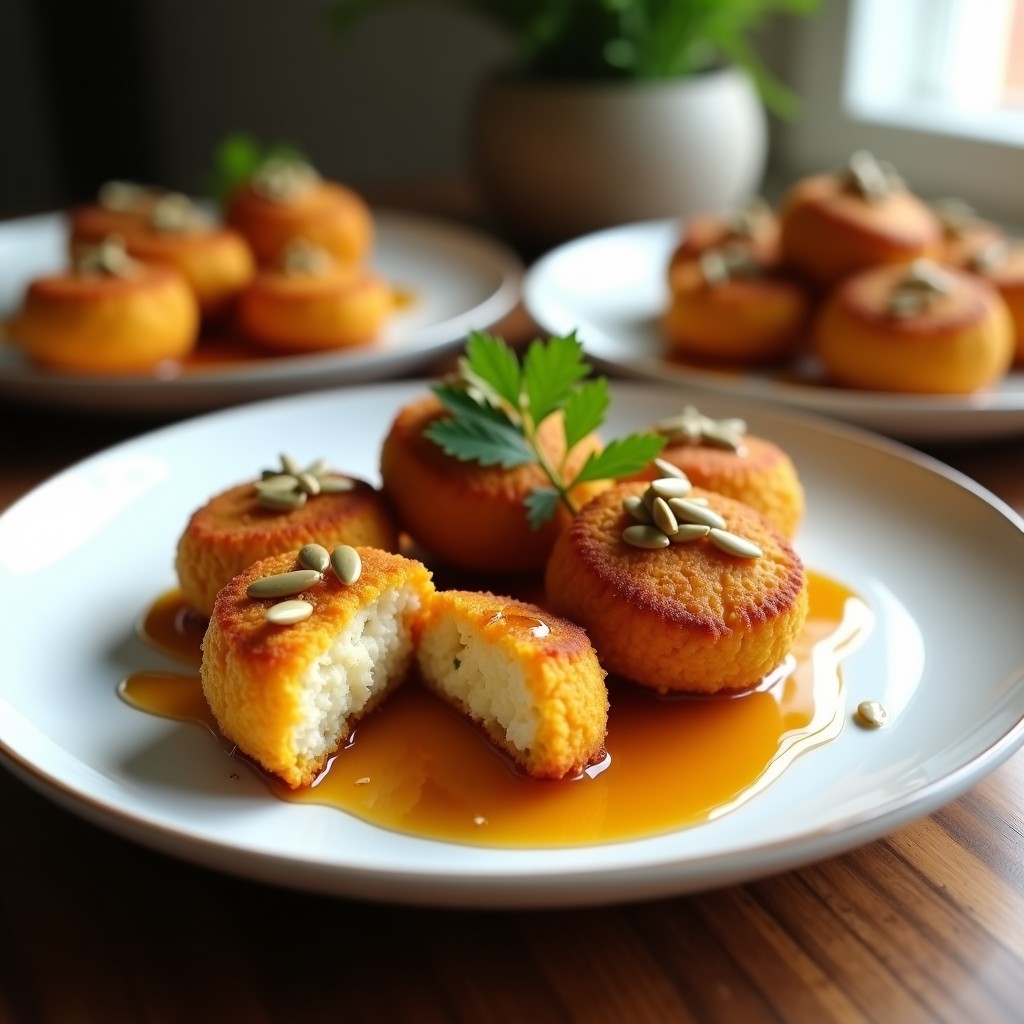 Croquetas doradas y crujientes de avena y calabaza con salsa de arce brillante, servidas en plato blanco con perejil fresco. Receta holandesa vegana en airfryer.