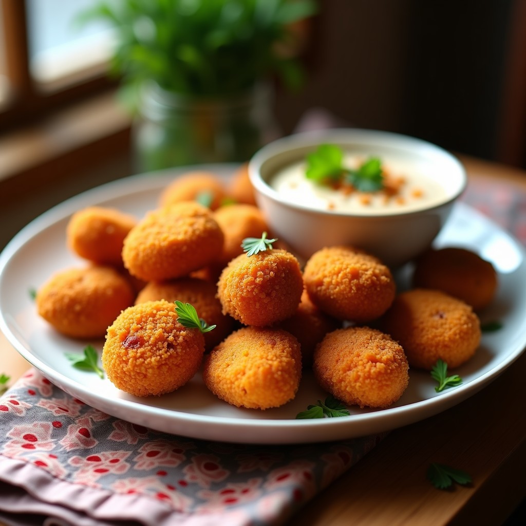 Croquetas doradas y crujientes de puré de batata y garbanzos con semillas de sésamo, servidas en un plato de barro con hierbas frescas y especias marroquíes al fondo, receta vegana en airfryer.