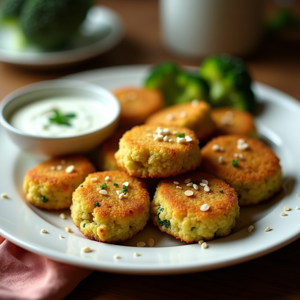 Croquetas doradas y crujientes de brócoli y queso de almendras servidas en un plato blanco rústico, con un fondo de hojas verdes y un dip cremoso. Receta keto en Airfryer sin harina.