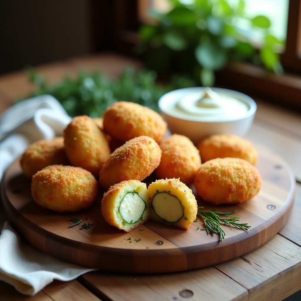 Croquetas doradas y crujientes de calabacín y queso de castañas en bandeja rústica, con hierbas provenzales espolvoreadas y salsa de yogur con eneldo al lado. Receta sin harina en airfryer con toque francés.