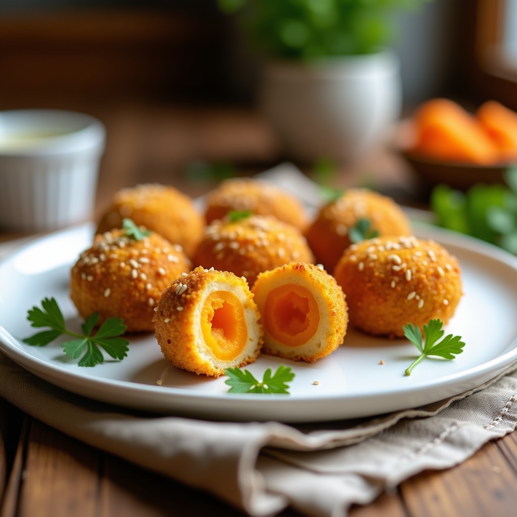 Croquetas doradas de calabaza y cúrcuma con cobertura crujiente de semillas de sésamo, servidas en un plato blanco sobre fondo rústico, receta en airfryer sin lactosa.