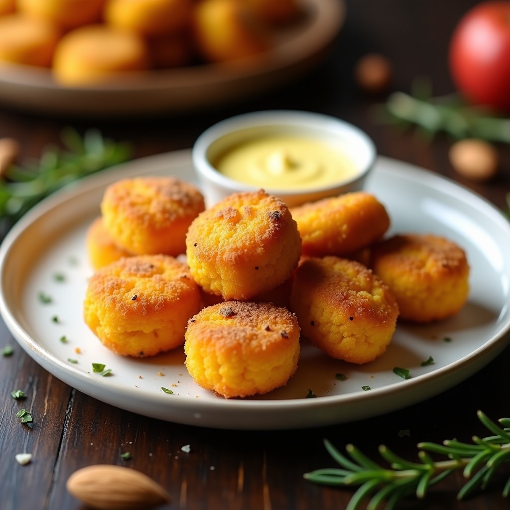 Croquetas doradas de calabaza y queso de almendras con cobertura crujiente de pan de maíz, servidas en plato blanco con hierbas frescas y salsa de yogur, receta vegana sin fritura.