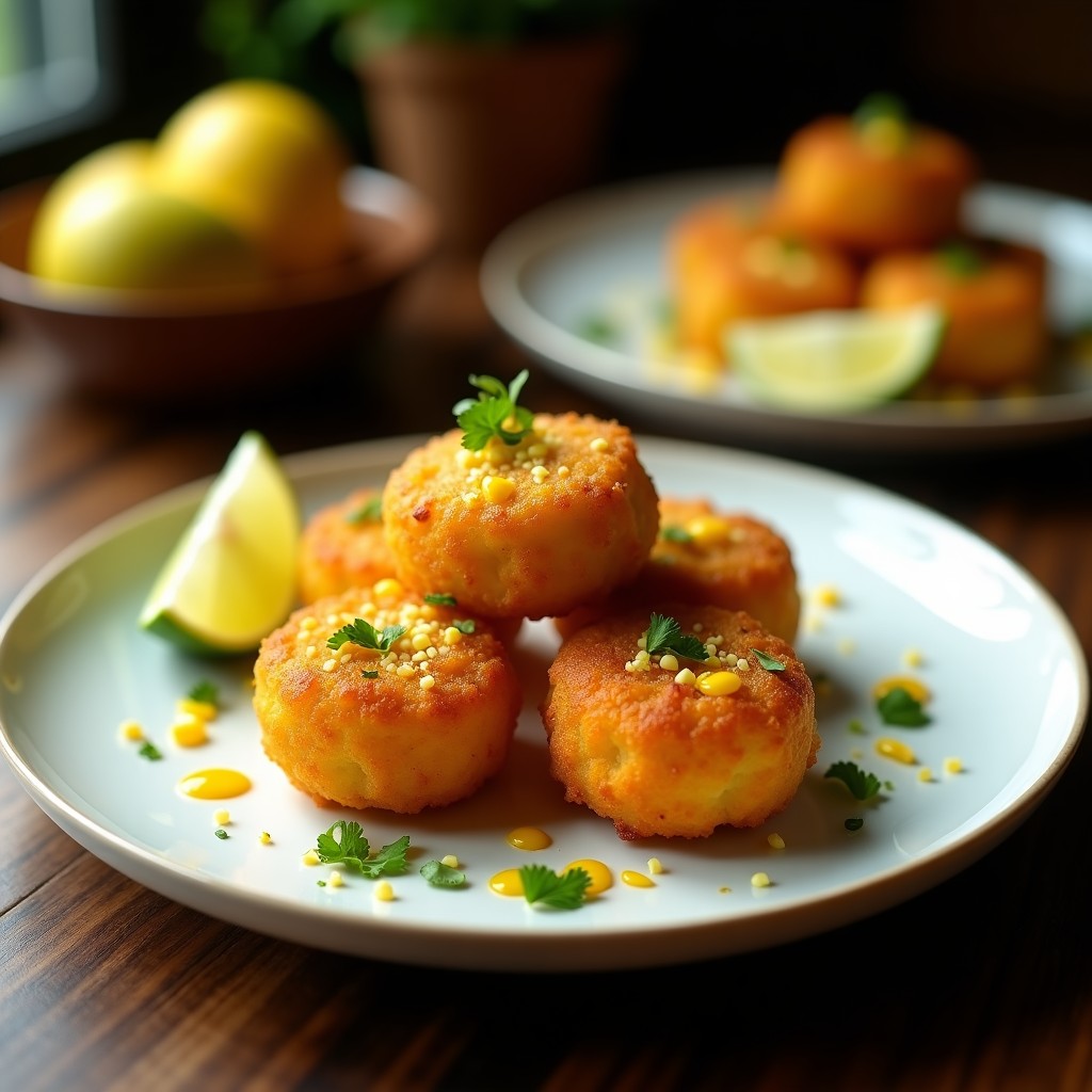 Croquetas doradas de camarón y cúrcuma con rebozado de coco, servidas en plato blanco con hierba limón y salsa tailandesa al lado, receta airfryer sin harina.