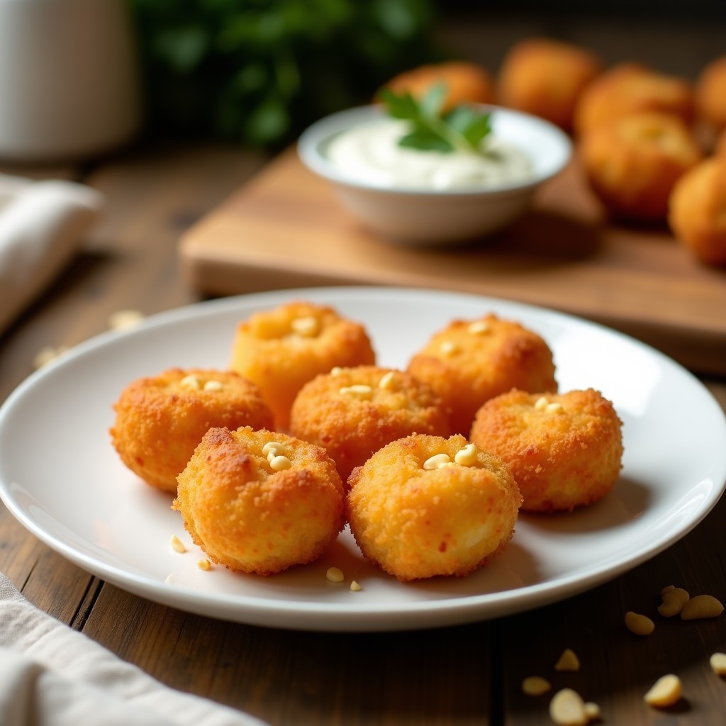 Croquetas de camarón y queso cremoso con panko doradas y crujientes, servidas en una fuente blanca con perejil fresco y rodajas de limón, receta en airfryer.