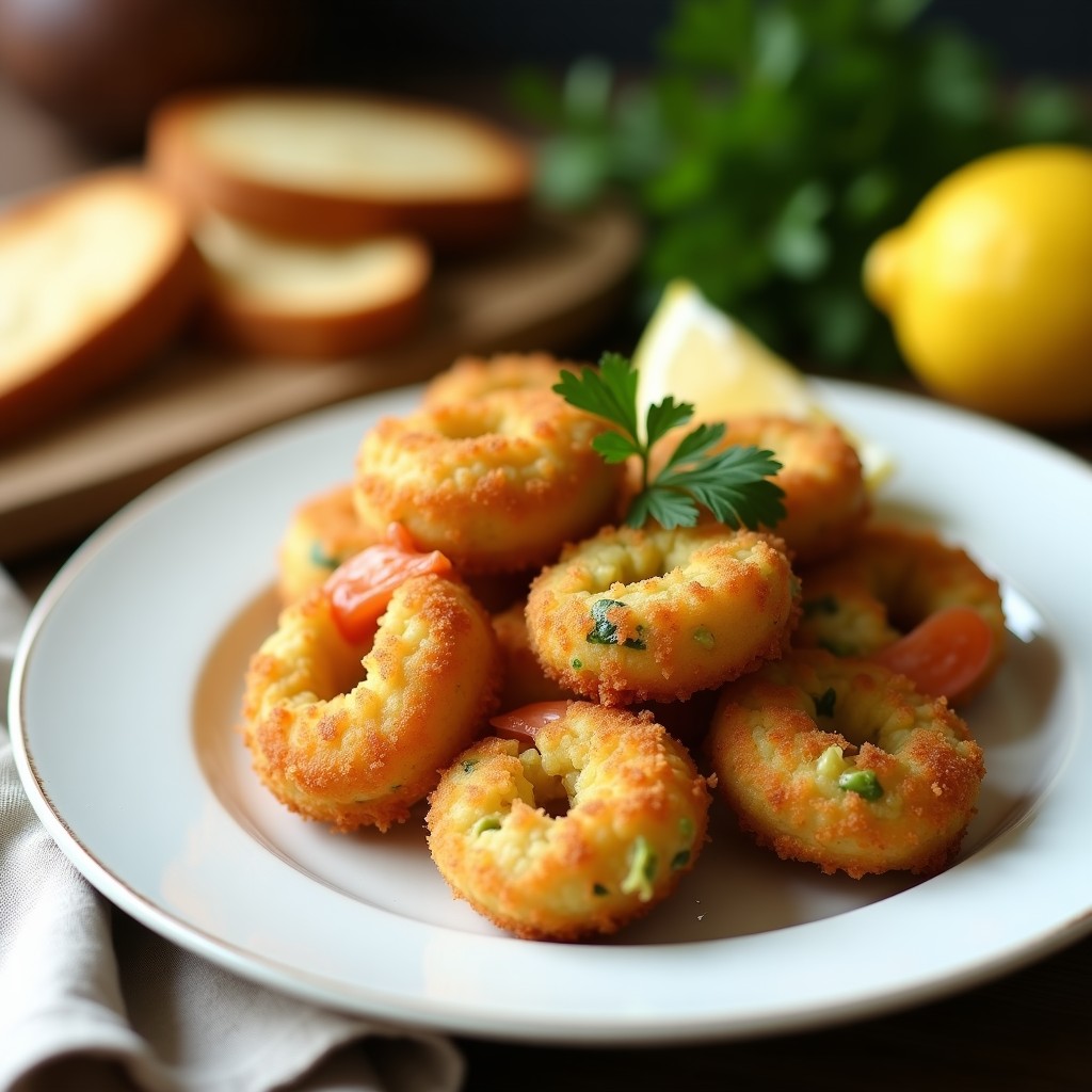 Croquetas doradas y crujientes de camarones y aguacate sobre un plato blanco, acompañadas de rodajas de limón y perejil fresco. Al fondo, rebanadas de pan de molde de linaza tostado. Receta keto en airfryer.
