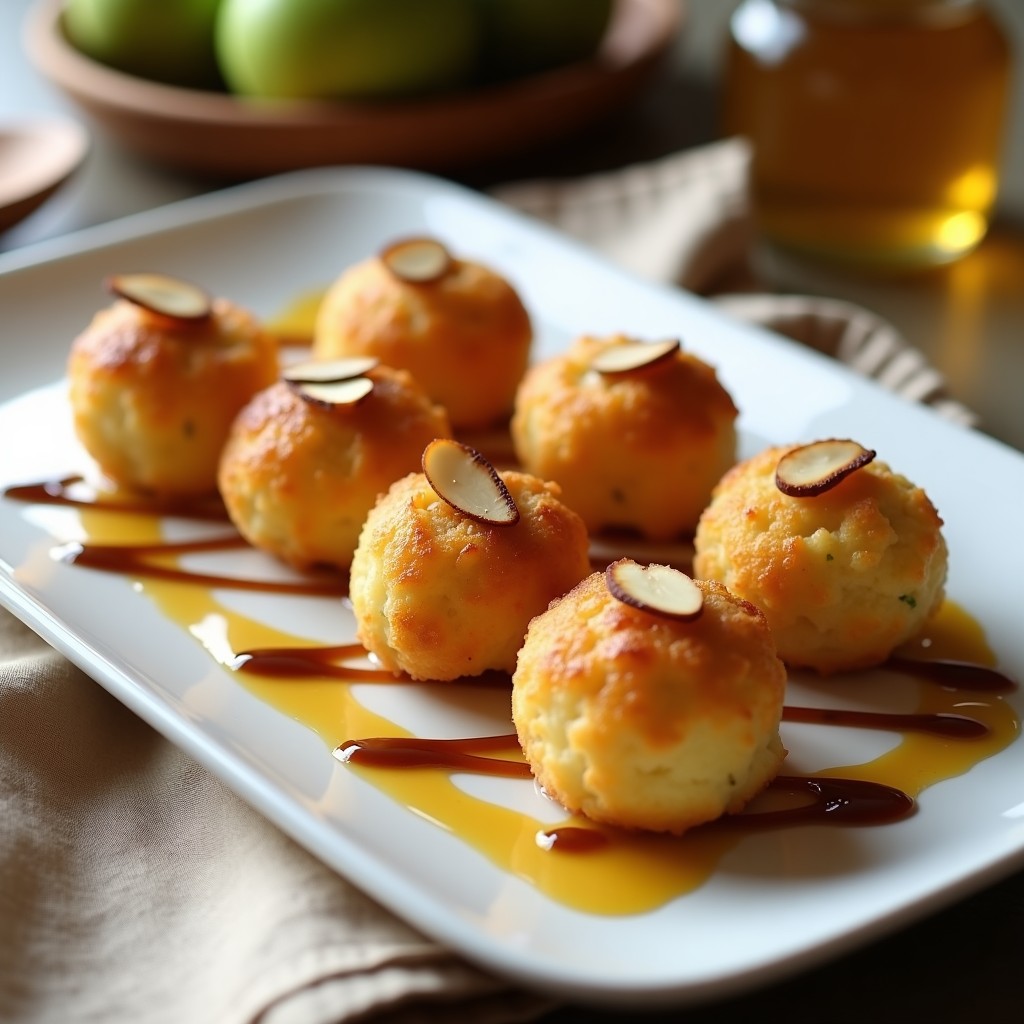 Plato blanco alargado con 8 croquetas doradas y crujientes de Camembert y manzana verde, bañadas con un hilo de miel de trufa oscura y decoradas con almendras laminadas tostadas. Fondo difuminado con servilleta de lino beige y cuchara de madera.