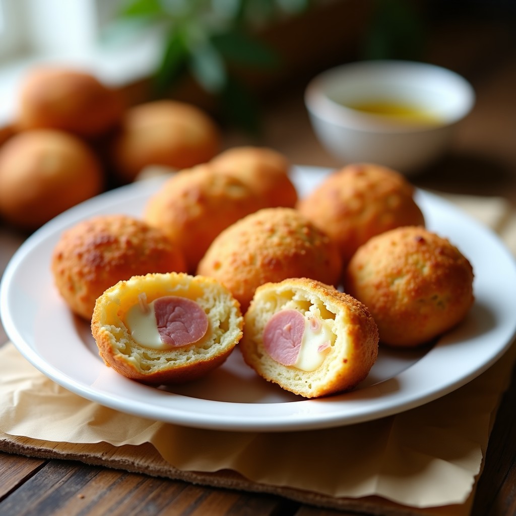 Plato blanco con croquetas de jamón serrano doradas y crujientes, servidas sobre papel de cocina, con bechamel cremosa visible en el corte.