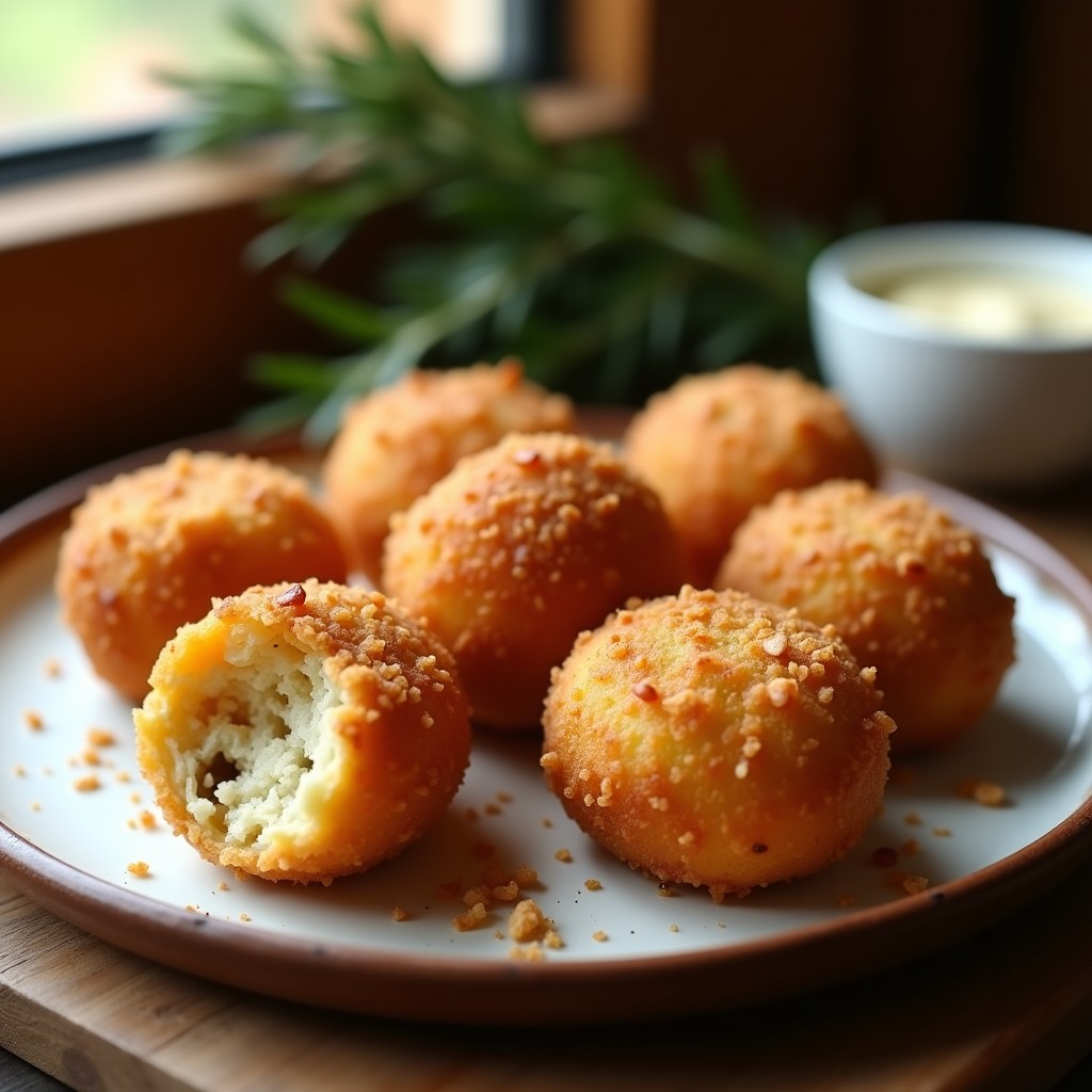 Croquetas doradas y crujientes de champiñones Portobello y almendras, servidas en un plato de cerámica blanca con hierbas frescas y salsa alioli vegana al lado. Receta española vegana en Airfryer.
