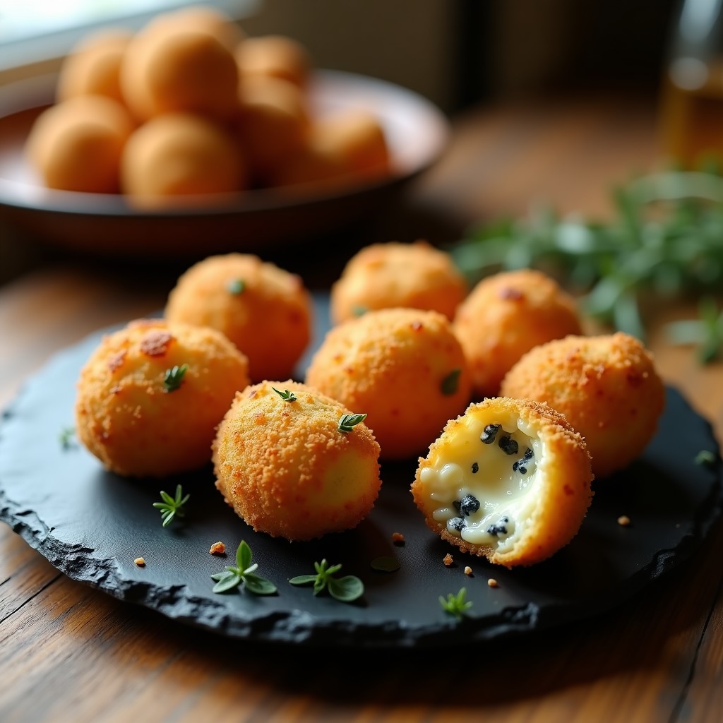 Croquetas doradas y crujientes de champiñones portobello y queso azul servidas en un plato de pizarra, con un fondo de hojas de tomillo fresco y un hilo de miel. Receta en airfryer sin rebozar.