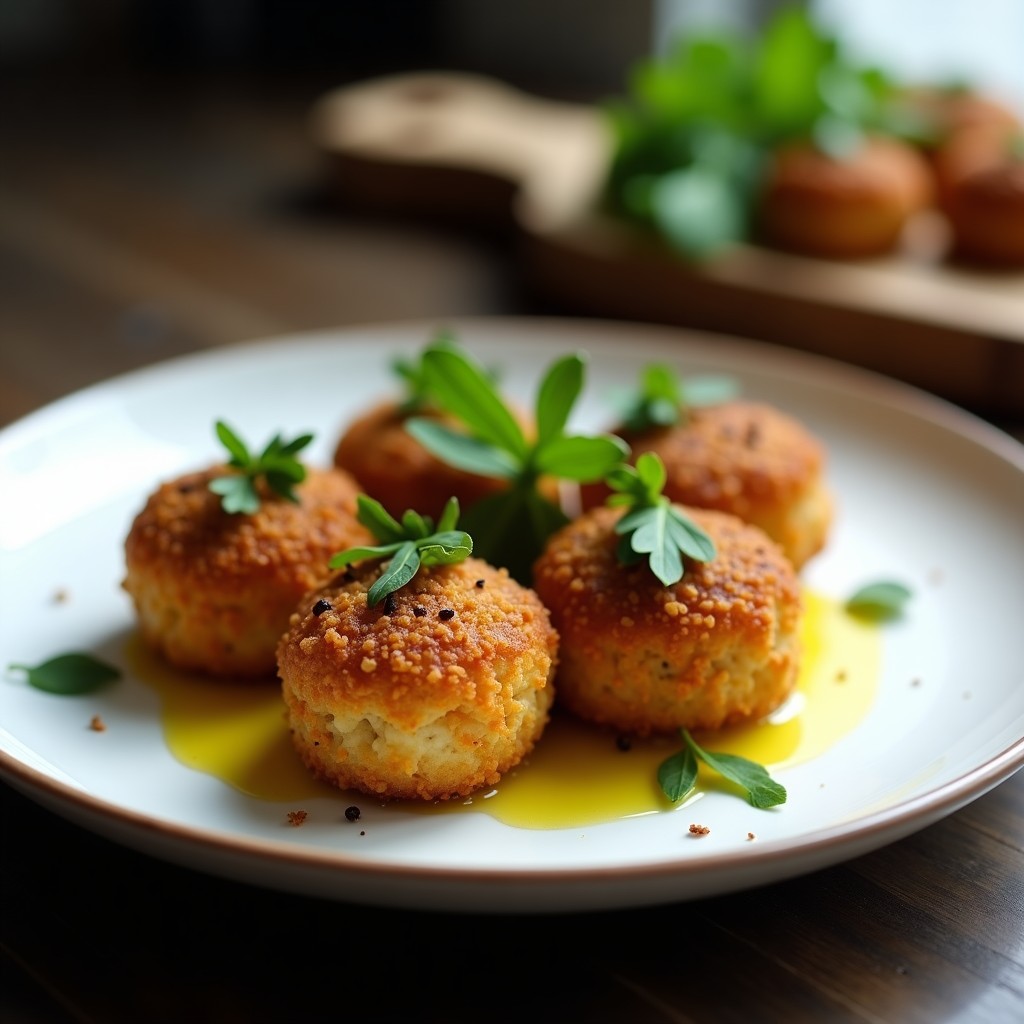 Croquetas doradas y crujientes de champiñones Portobello y trufa en Thermomix, servidas en plato blanco con decoración de hojas de perejil y aceite de trufa negra, receta vegana gourmet.
