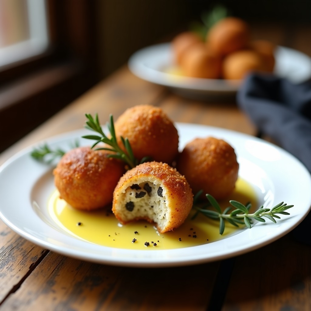 Croquetas doradas y crujientes de champiñones Portobello y trufa, servidas en un plato blanco con un chorrito de aceite de trufa negra y hierbas frescas, receta gourmet en Airfryer sin gluten.