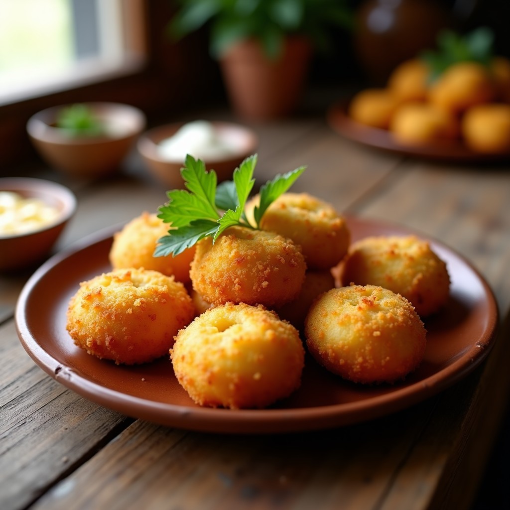 Croquetas doradas y crujientes de chuño y queso andino servidas en un plato de barro con hierbas frescas, receta boliviana en airfryer.