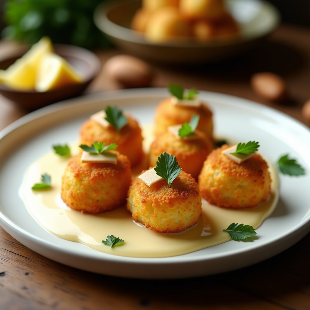 Croquetas doradas y crujientes de coliflor y anchoas en airfryer, servidas en plato blanco con bechamel de almendras sin lácteos, decoradas con perejil fresco y filetes de anchoa.