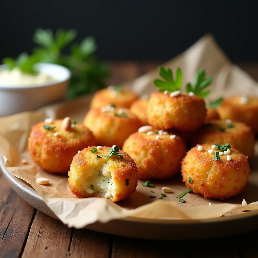Croquetas doradas y crujientes de coliflor y blue cheese sobre papel de horno, con virutas de almendras visibles en el rebozado. Acompañadas de una salsa cremosa en un bol pequeño y hojas de perejil fresco. Foto en primer plano con fondo borroso para resaltar la textura.