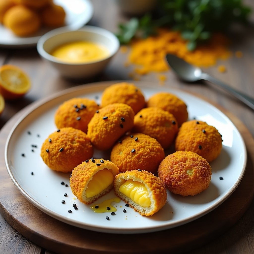 Croquetas doradas y crujientes de coliflor y cúrcuma con pan de almendra, servidas en un plato blanco con semillas de sésamo negro, aperitivo keto en airfryer.