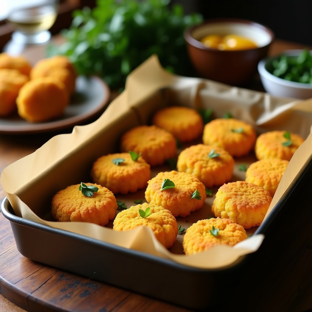 Bandeja de horno con croquetas de coliflor y cúrcuma doradas y crujientes, servidas con un dip de tahini y decoradas con perejil fresco. Receta sin lactosa y alta en fibra.