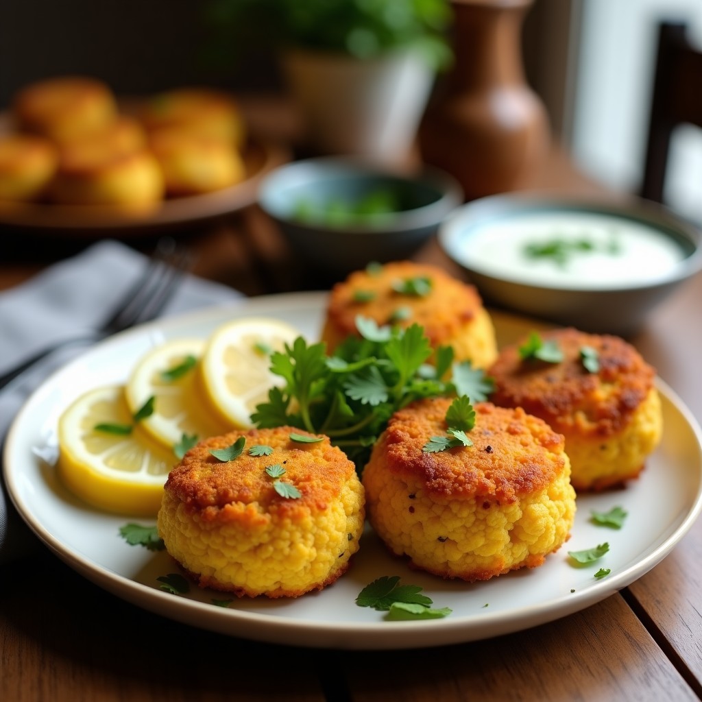 Croquetas doradas de coliflor y curry con textura crujiente, dispuestas en un plato blanco rústico con salsa cremosa de yogur de coco espolvoreada con cilantro fresco. Receta sin harina en Thermomix.