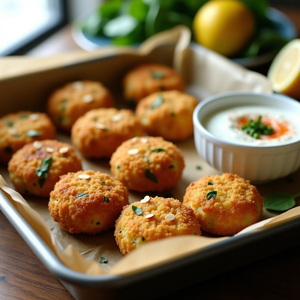 Croquetas doradas y crujientes de coliflor y espinacas keto sin gluten, horneadas a la perfección, con un recubrimiento de almendras fileteadas y servidas en una bandeja de madera con salsa de yogur al lado.