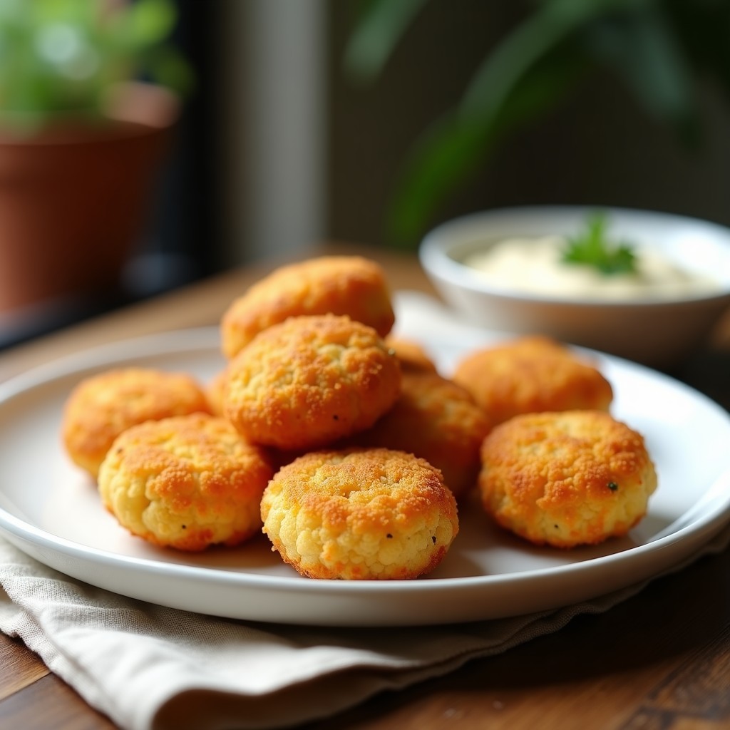 Croquetas de coliflor y queso de anacardos doradas y crujientes, servidas en un plato blanco con dip de aguacate y decoradas con semillas de sésamo, receta vegana en airfryer.