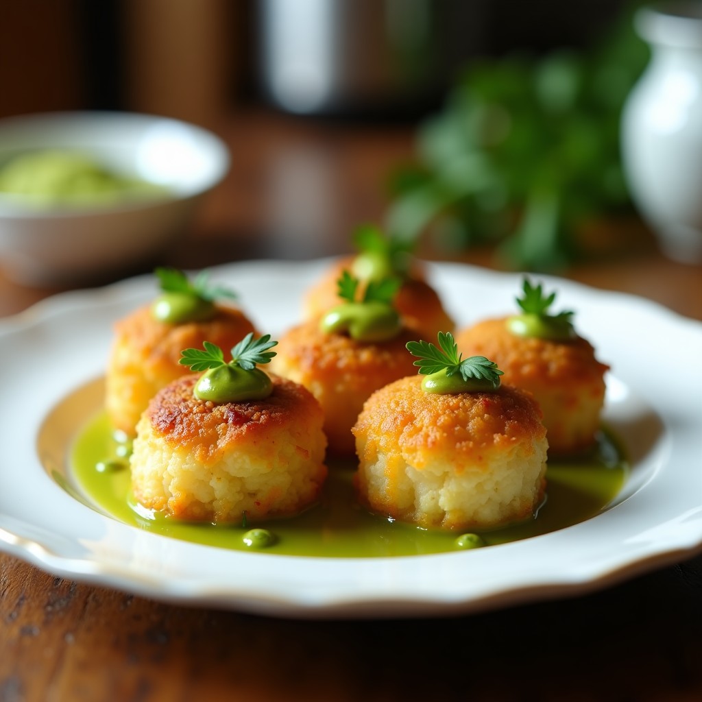 Croquetas doradas de coliflor y queso de cabra con costra de pistacho y coco, servidas en plato blanco con salsa de pistacho cremosa en cuenco aparte, receta Thermomix sin harina.