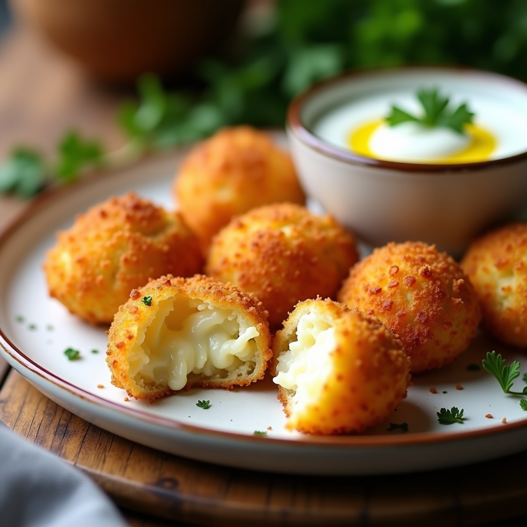 Croquetas doradas y crujientes de coliflor y queso Gouda con pan de panko, servidas en un plato blanco con salsa de yogur y hierbas frescas, fondo de cocina moderna.
