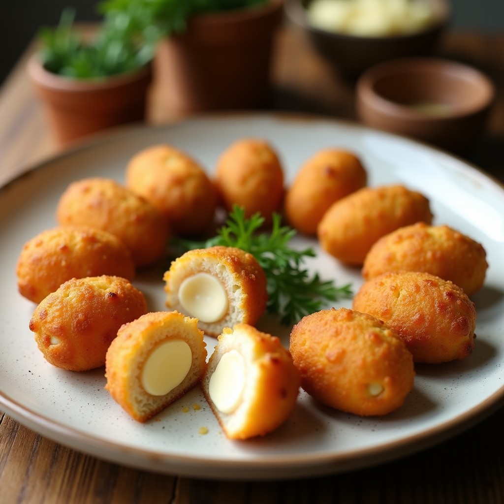 Croquetas doradas y crujientes de coliflor y queso manchego con bechamel de avena, servidas en plato blanco sobre fondo rústico, con perejil fresco espolvoreado.