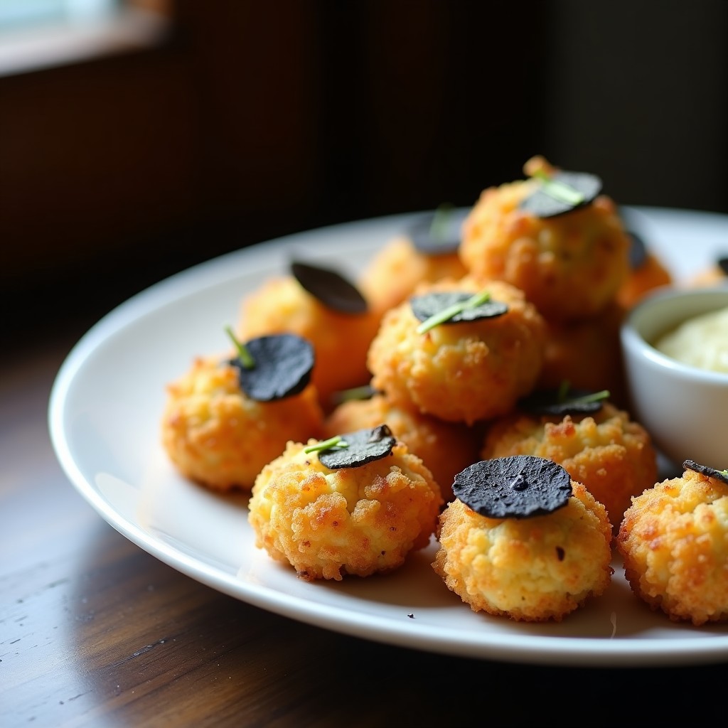 Croquetas doradas y crujientes de coliflor y queso vegano con trufa, servidas en un plato de cerámica blanca con virutas de trufa negra y semillas de sésamo, fondo oscuro con toques de luz natural.