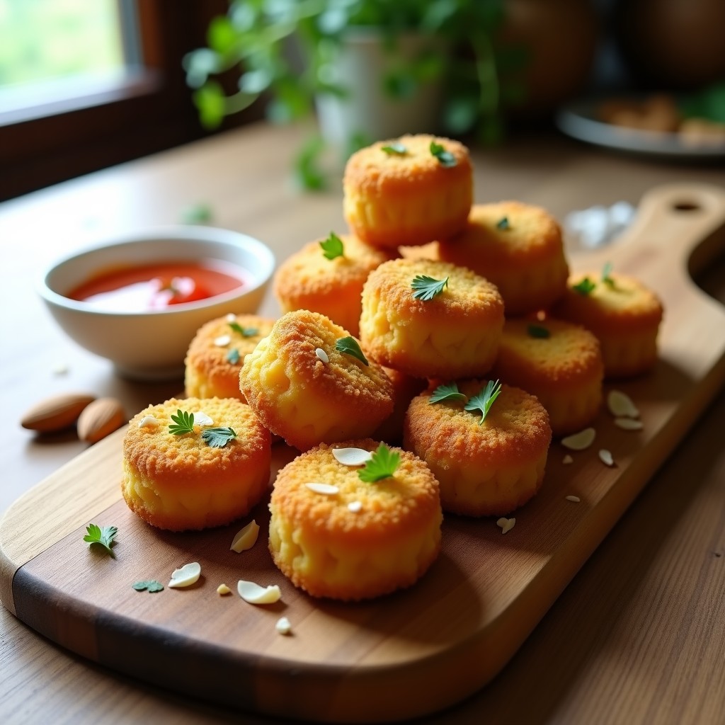 Croquetas doradas y crujientes de coliflor y queso vegano rebozadas en pan rallado de almendra, servidas en una bandeja de madera con perejil fresco y un dip de tomate al lado. Aperitivo sin gluten.