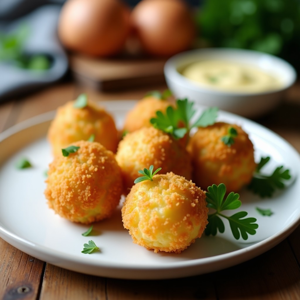 Croquetas doradas y crujientes de espárragos blancos y bechamel de avena en Airfryer, servidas en plato blanco con puntas de espárragos y pimentón espolvoreado, receta vegana sin lácteos.