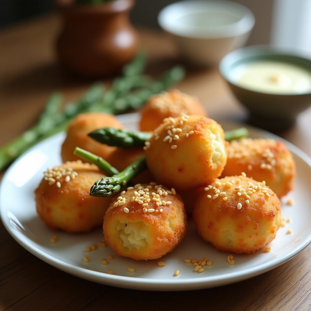 Croquetas veganas de espárragos trigueros y queso de almendras doradas y crujientes, con puntas de espárrago asomando, servidas en un plato blanco sobre fondo de madera rústica.